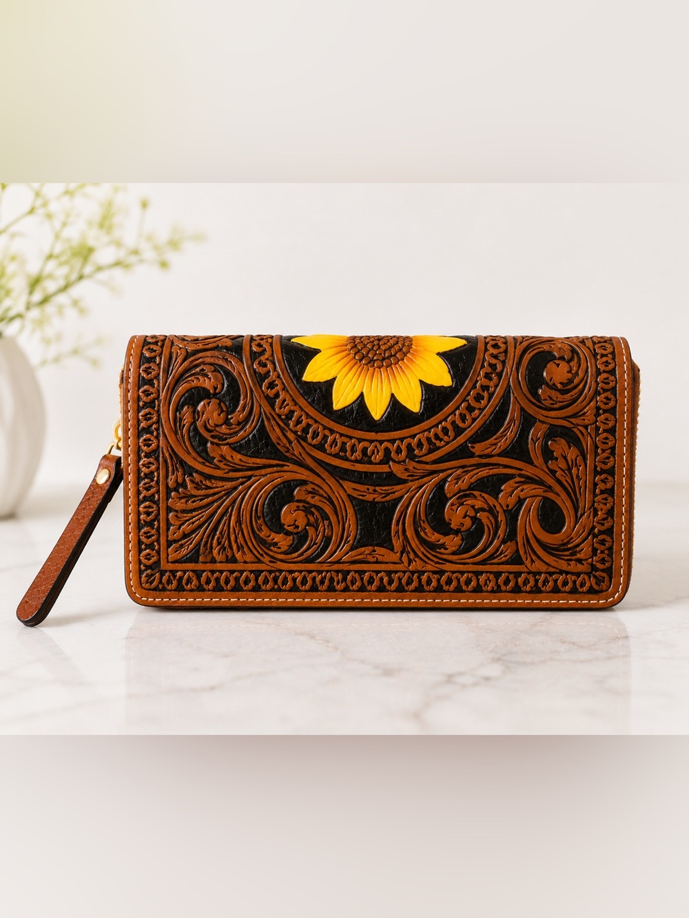 Shyanne Tooled Leather Sunflower Zip Around Wallet Brown Western Floral